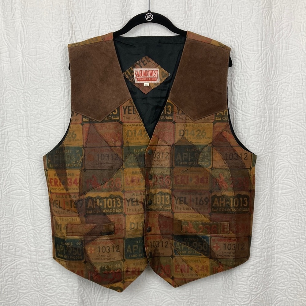 Saguaro West Trading Co. VTG Leather License Plate Quilted Vest sz XL